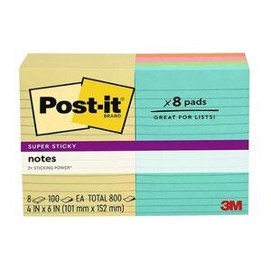 Post-it Super Sticky Notes, 4" x 6", Assorted Colors, Lined, 8 Pack, 800 Total S